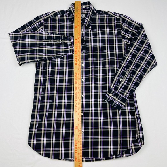 Peter Millar Mens Medium Plaid Button Down Shirt Navy Purple Cotton Long Sleeve - Picture 4 of 8